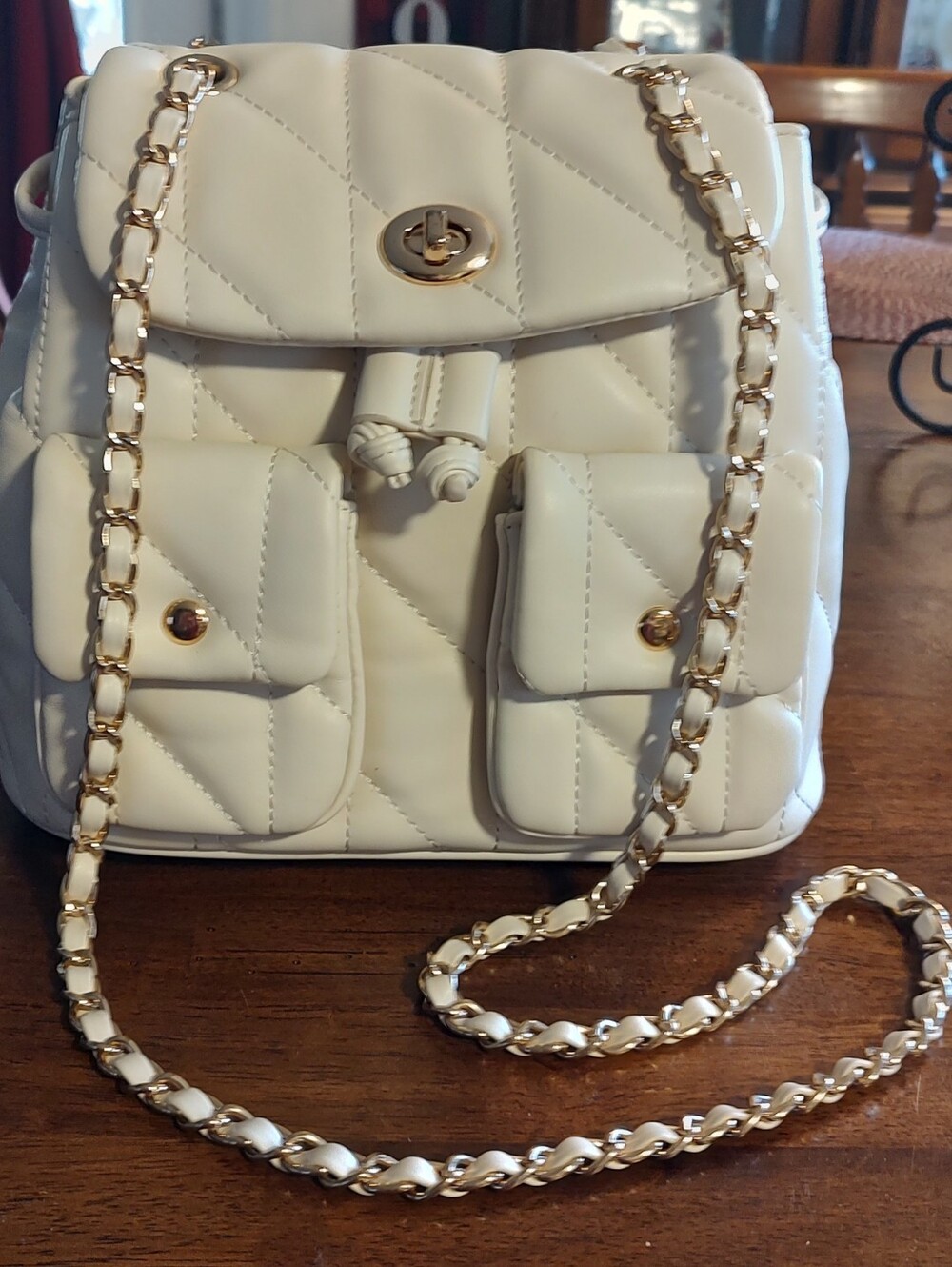 Quilted Cream Chain-Accent Backpack Crossbody